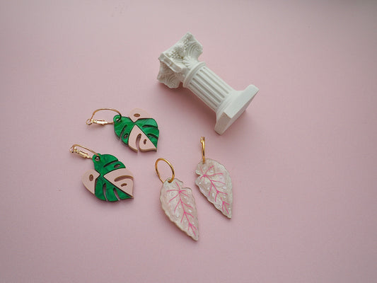 Pink Begonia and Monstera leaf earrings
